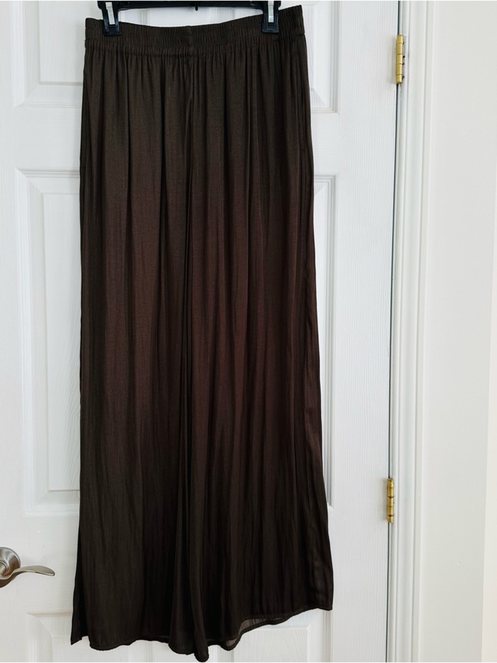 Elastic-Waist Brown Full Length Wide Leg Pants